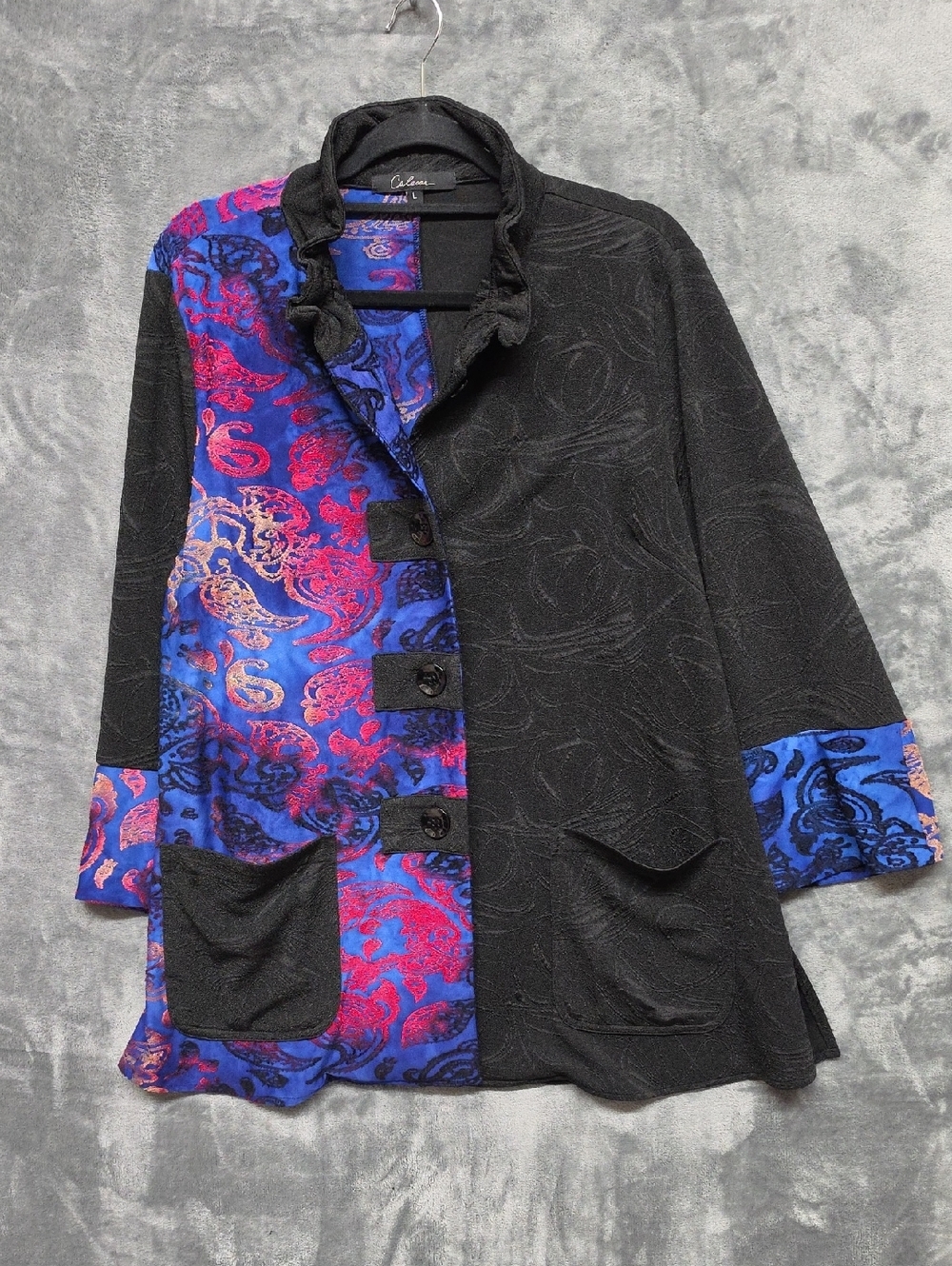 Two-Tone Asian Style Black & Blue-Pink Button Front Jacket sz Large